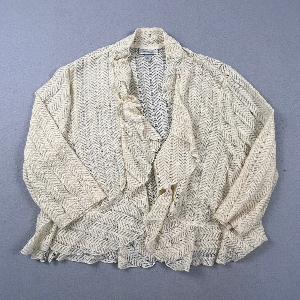 Dressbarn Lace Cardigan Womens 24 Cream Ruffle Open Front Sheer Chevron Shrug‎